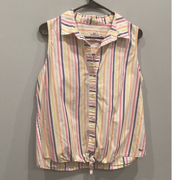 Vineyard Vines Womens Sleeveless Button Up Shirt Size 12 Rainbow Striped Beach - Picture 1 of 11